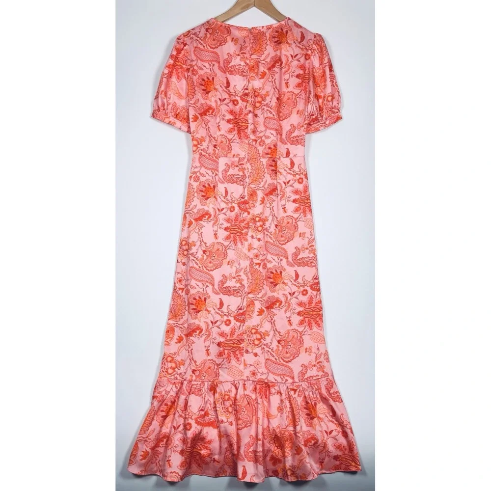 5a7 Cinq a Sept Kay Midi Dress Size 2 Pink Orange Floral Ruffle Faux Wrap Party